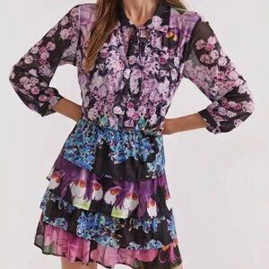 Desigual Olimpia Mesh Floral Tiered Dress Black Purple Size XL EUC